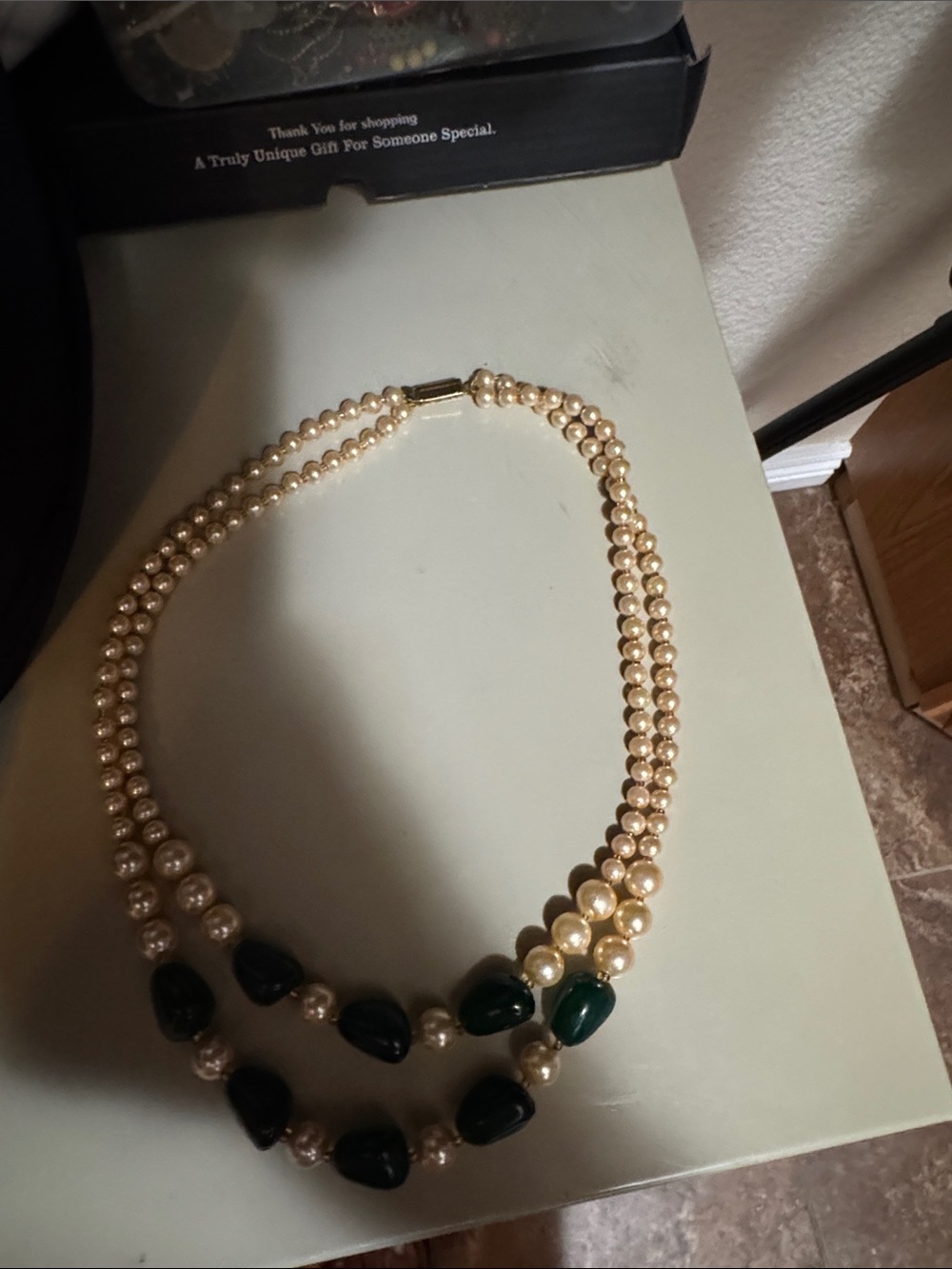 Pearl and Emerald Bead Double-Strand Necklace